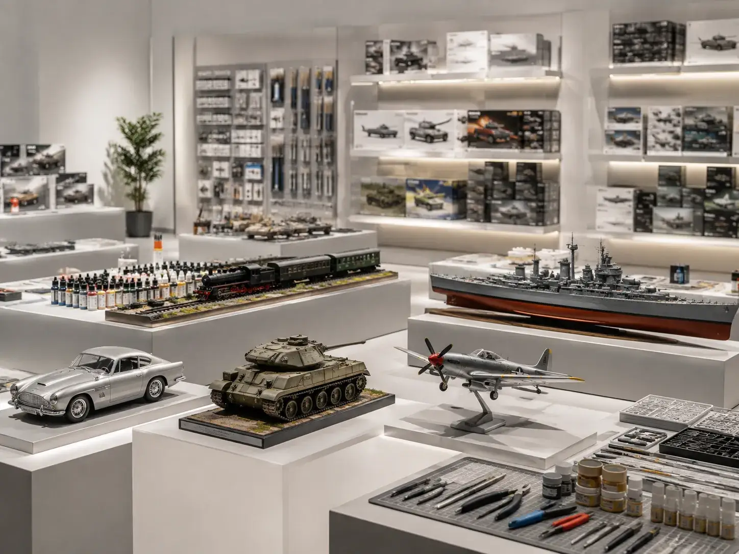 Moderne modelbouwshowroom met schaalmodellen, bouwpakketten, verf en gereedschap van verschillende modelbouwcategorieën.