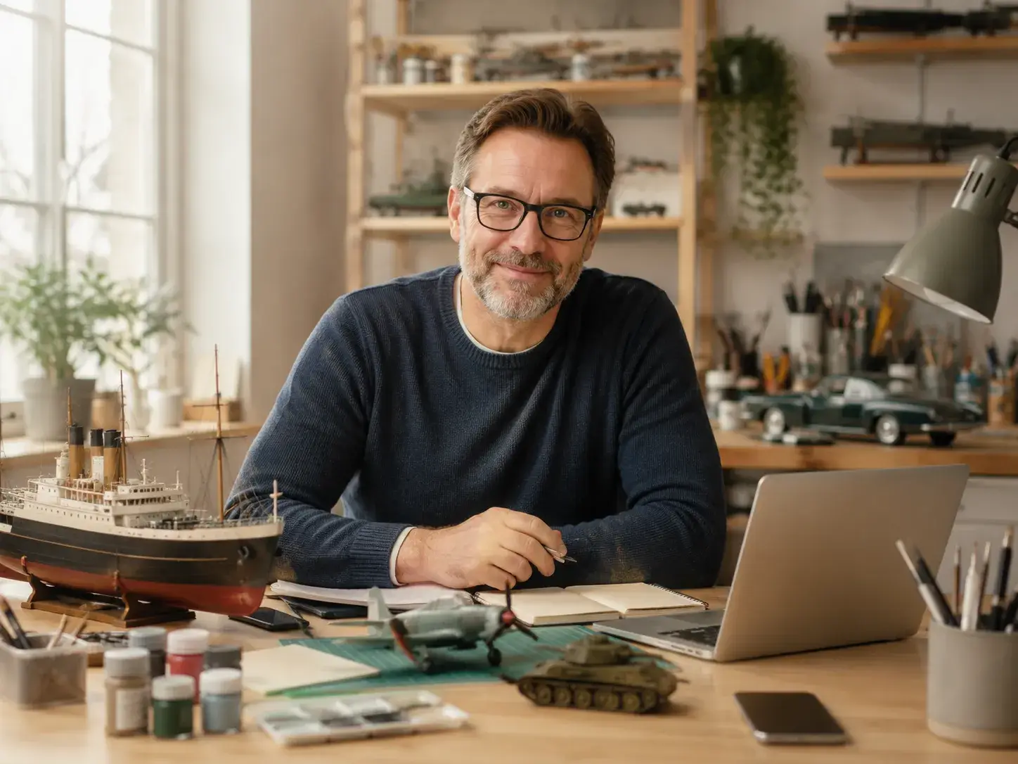 Vriendelijke modelbouwer zit in een warme hobbywerkplaats achter een bureau met modelschip, modelvliegtuig, tank, laptop en modelbouwgereedschap.