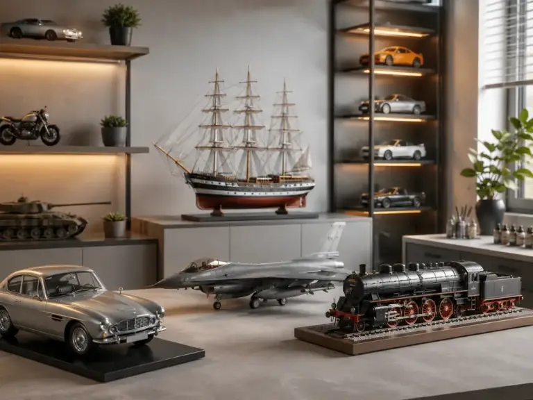 Collectie schaalmodellen met een modelauto, straaljager, stoomtrein en zeilschip in een moderne hobbyruimte.