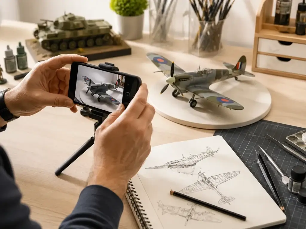 Modelbouwer fotografeert een schaalmodel vliegtuig met een smartphone naast schetsen, gereedschap en hobbybenodigdheden.