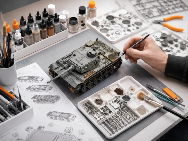 Modelbouwer schildert een gedetailleerde modeltank op een werktafel met verf, penselen en modelbouwgereedschap.