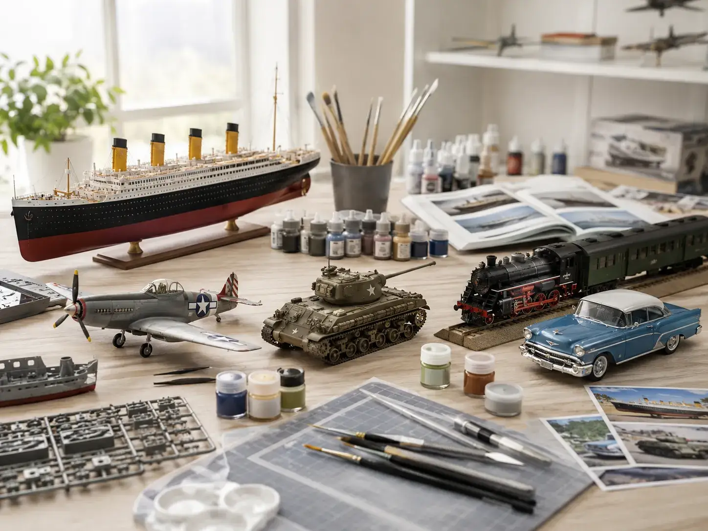 Werktafel met schaalmodellen van een schip, vliegtuig, tank, trein en klassieke auto, aangevuld met modelbouwverf en gereedschap.