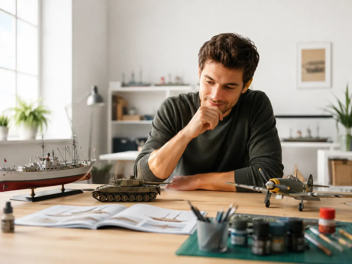 Modelbouwer vergelijkt een modelschip, tank en vliegtuig aan een werktafel met verf, gereedschap en instructiemateriaal.