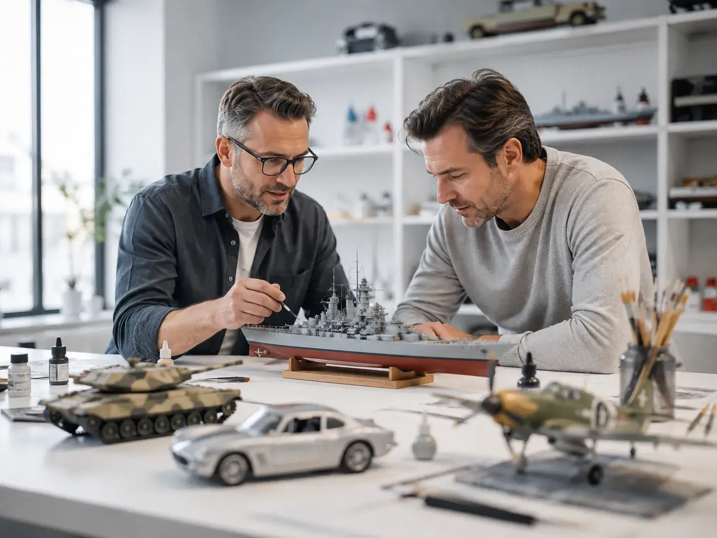 Twee modelbouwexperts werken samen aan een gedetailleerd modelschip in een moderne hobbywerkplaats met schaalmodellen en gereedschap.