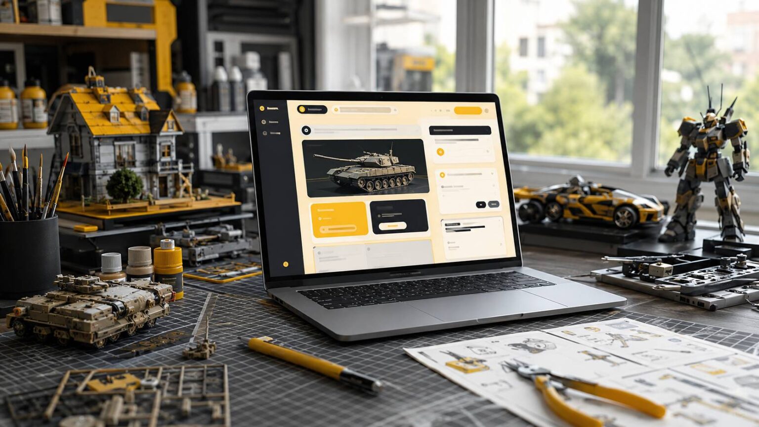 Laptop op een modelbouwwerkplek met miniaturen, gereedschap en onderdelen voor modelbouw.