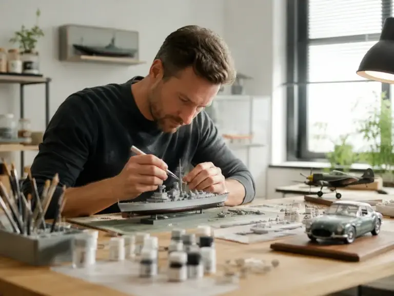 Modelbouwer werkt geconcentreerd aan een gedetailleerd modelschip in een lichte en georganiseerde hobbyruimte.