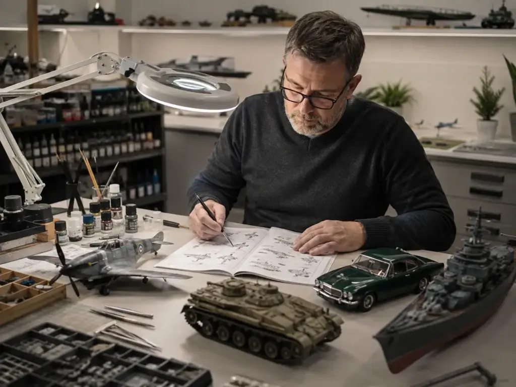 Modelbouwer bekijkt instructies aan een werktafel met schaalmodellen, gereedschap en verf in een professionele modelbouwstudio.